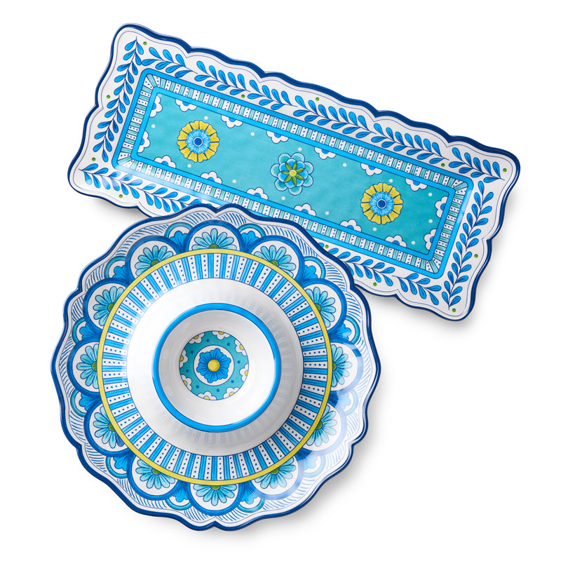 Ensemble d'amuse-gueules en mélamine 2 pièces Porto - trempette aux copeaux de 14,5 po et plateau rectangulaire de 19 po x 8 po, motifs de carreaux de conception artistique, mandalas jaunes turquoise, service extérieur incassable, essentiel de divertissement méditerranéen