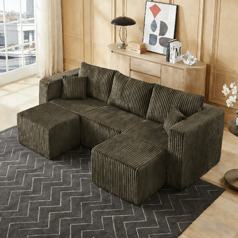 Canapé modulaire compact - Velours côtelé, coussins rembourrés de compression, Brun