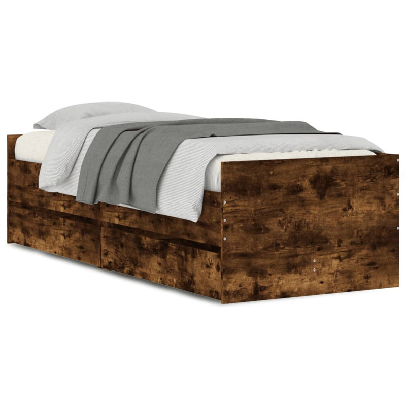 17 Stories Bed Frame With Drawers 75X190 Cm Small Single, Smoked Oak, 78 x 193cm