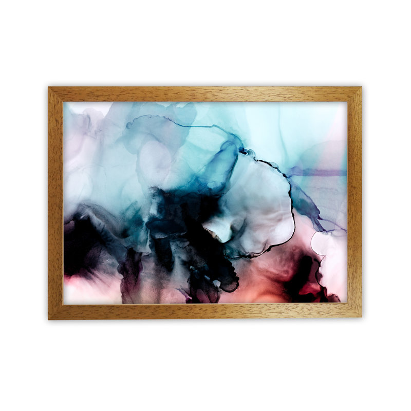 Abstract Watercolour Blue Pink Original - Painting, 21cm H x 30cm W x 3cm D, Oak Frame