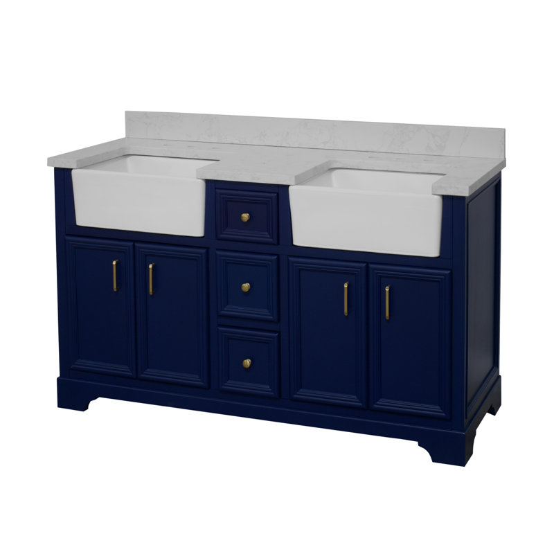 Ensemble de meuble-lavabo double 60 po Emiliano, Bleu royal, Carrare d'ingénierie