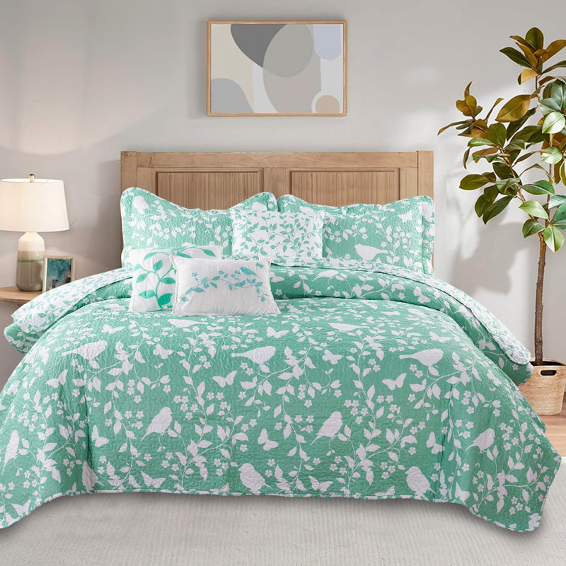 6 Piece Printed Microfiber Quilt Set, Teal/Turquoise, King Coverlet + 2 King Shams + 3 Throw Pillows