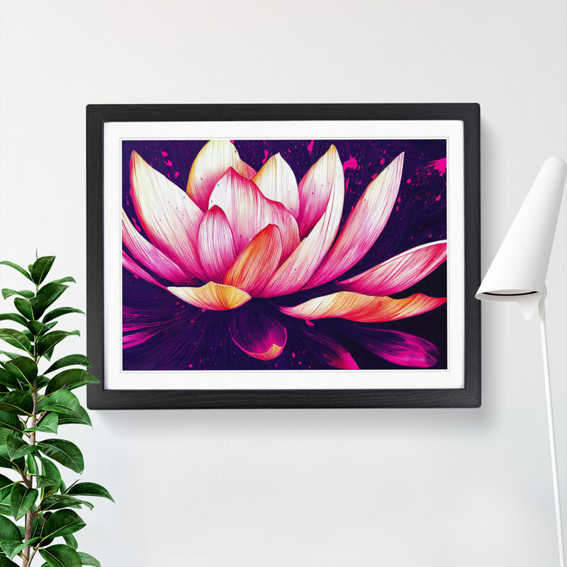 Lotus Flower Paint Splatter (4) - Single Picture Frame Print, 46cm H x 64cm W, Black
