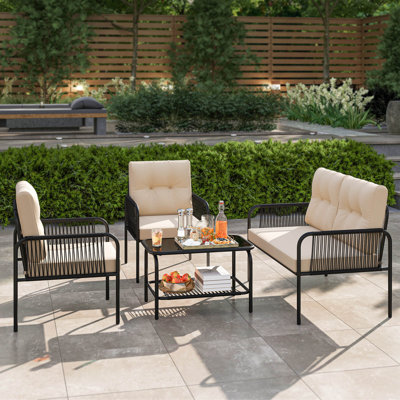 4 PCS Patio Furniture Set with Loveseat Tempered Glass Coffee Table & Soft Cushions