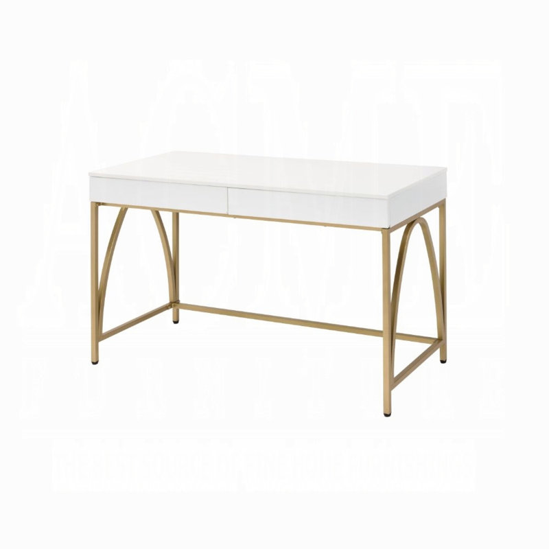 Bureau d'écriture 2 tiroirs blanc brillant et or Spada