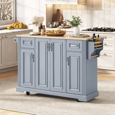54" Fancy  Rustic Large Kitchen Island With Rubber Wood Drop Leaf - Embossed Texture Rolling Kitchen Cart With Locking Wheels, Ample Storage and Adju
