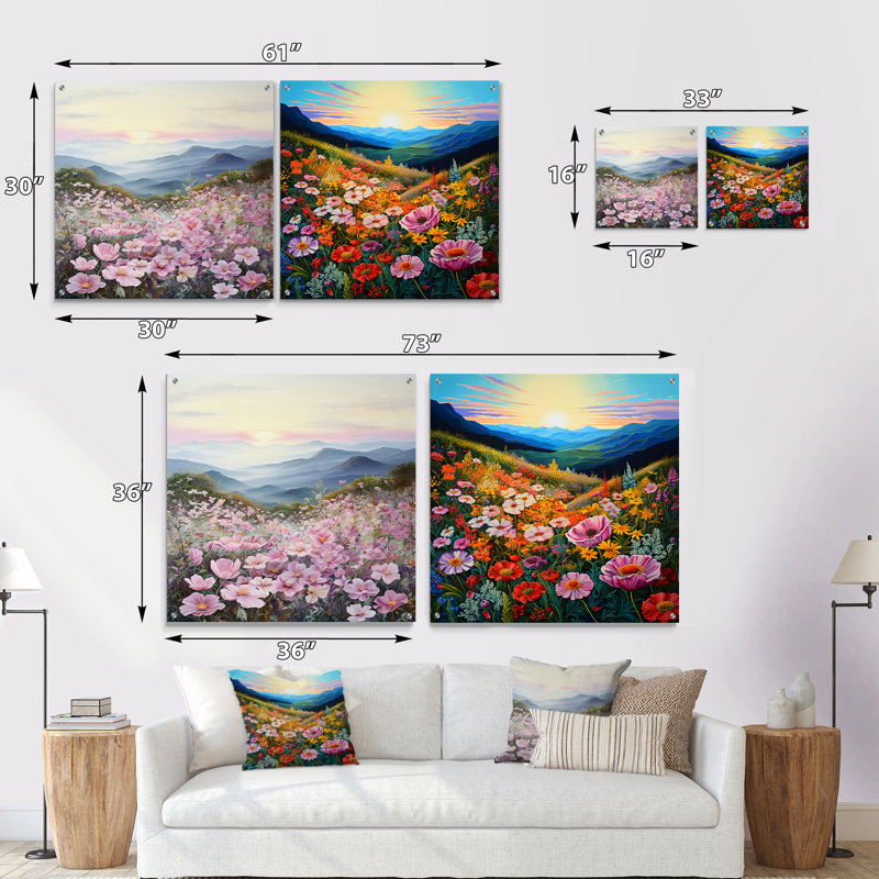 Pink Roses Field In Mountain III - Roses Acrylic Wall Art Glass Set Of 2, 30" H x 61" W