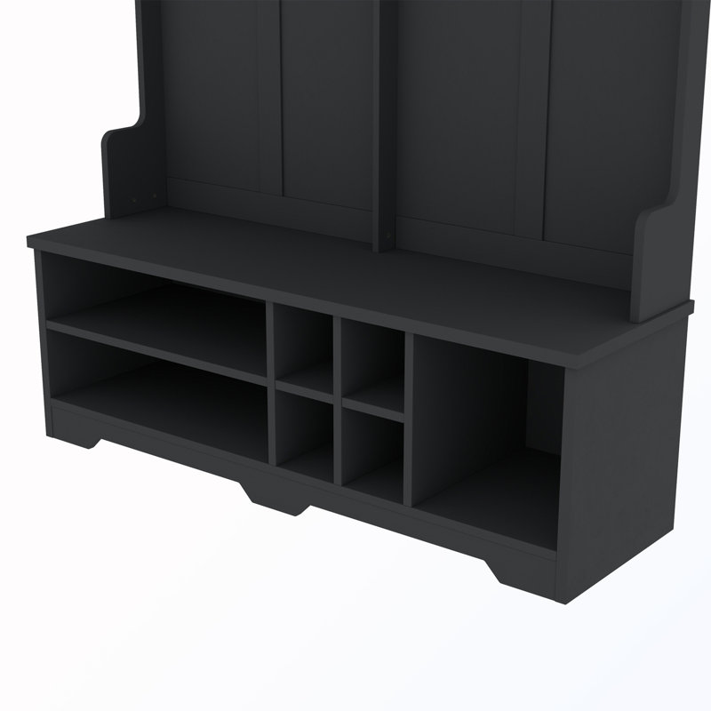 Hall Tree with Metal Hooks and Shoe Cubbies, Black