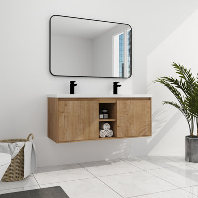 Double Sink Bathroom Console 48" Wall Mounted - Foundation Soft Closing Door Property Fashionable Table Vanity With Two Sinks Platform Characteristic Modern Furnishing Concept