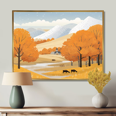 Deux vaches dans des champs de blé assez jaunes - arbre, art mural
