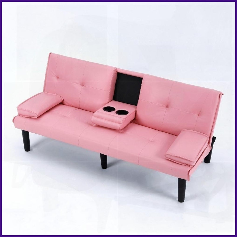 Canapé-lit convertible 2 places 67 pouces en PVC rose avec porte-gobelet 67 pouces - Compact pour appartements, dortoirs et amp; Petits bureaux, style moderne