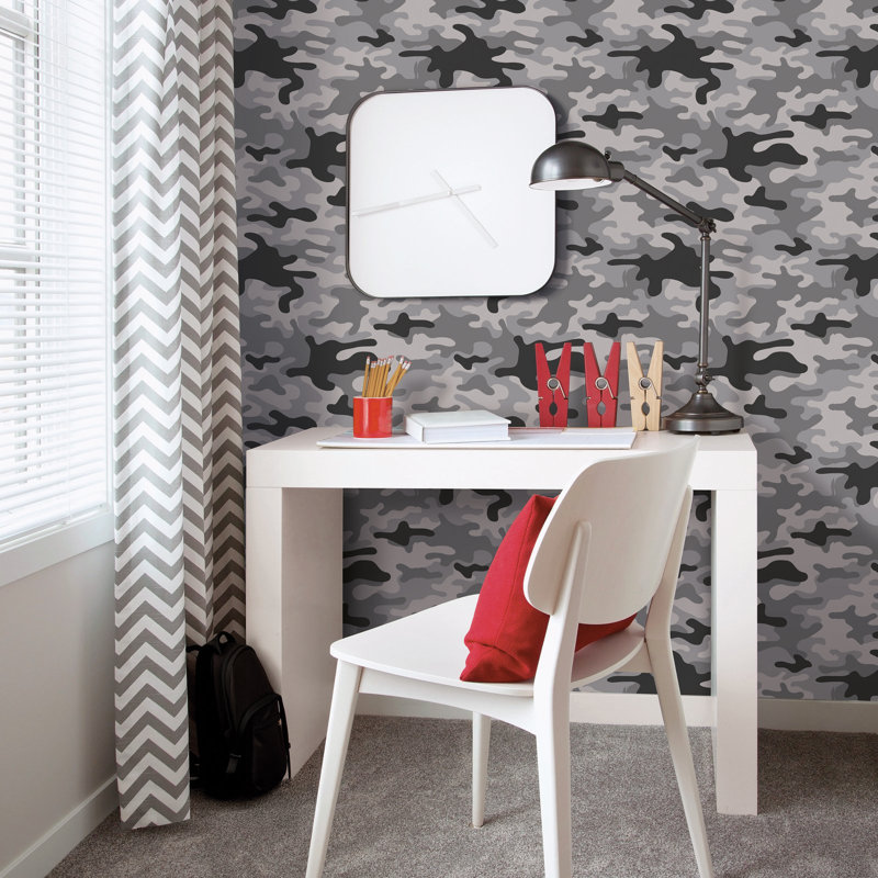 Kids and Teens Collection Camo Wallpaper Roll, Grey/Black