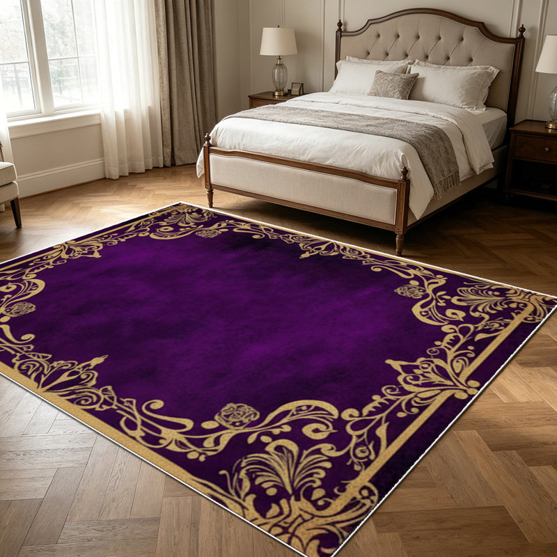 1PC Vintage Purple Gold Ornate Baroque Filigree area rugs for Living Room, Soft and Comfortable, Suitable for all seasons, easy-to-maintain, machine washable Indoor floor mat, Under Table Farmhouse suitable for dining table, bedroom, kitchen, patio,