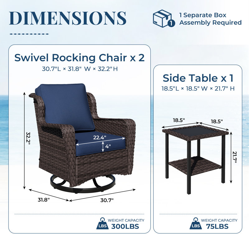 2-Person Patio PE Wicker Swivel Chairs with Side Table and Blue Cushions, Blue