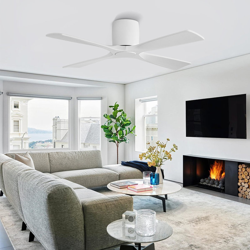  Ventilateur de plafond encastré 48 pales en bois massif DC avec télécommande, Blanc, Blanc, 48" Wide