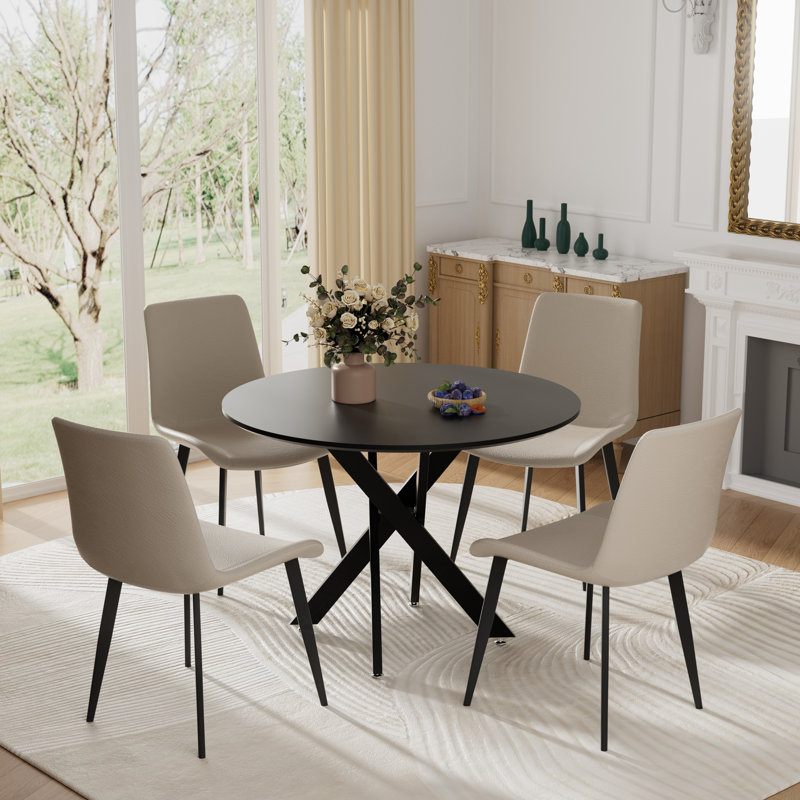 5 Piece Round Pedestal Dining Set, Black, 29.6"H x 36"L x 36"W, White