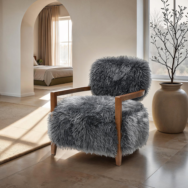 Fauteuil d'appoint 1 pièce de style contemporain au fini gris anthracite avec accoudoirs en fausse fourrure douce et dossier en bois