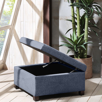 Rangement polyvalent en bleu - Pieds en bois massif, carré capitonné pour les objets et contreplaqué, café foncé