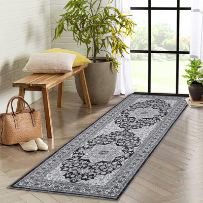 Tapis vintage lavable, médaillon floral, tapis doux pour le salon, la chambre à coucher, le vestibule, antidérapant, à poils courts (brun)