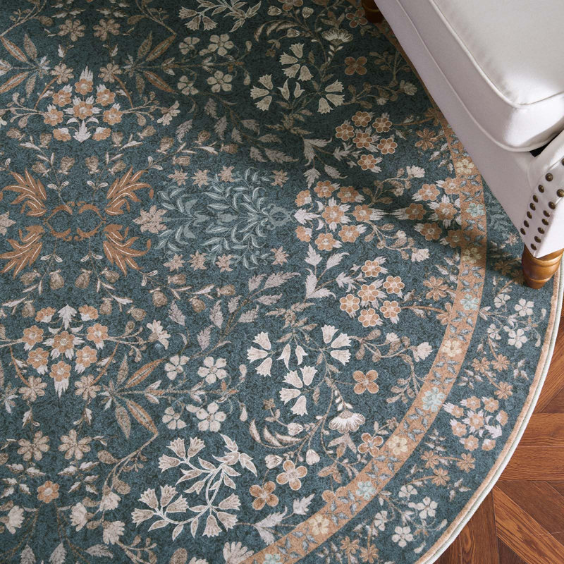 Floral Machine Washable Area Rug, Round 7'