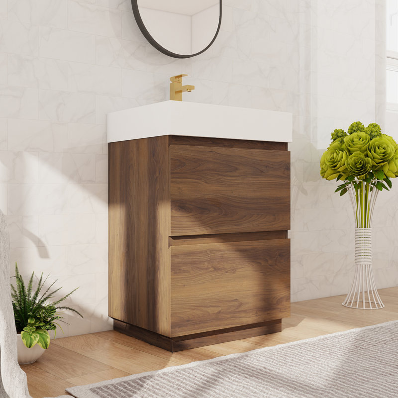 Ensemble de meuble-lavabo sur pied simple 24 po, meuble-lavabo sur pied avec lavabo en résine, 2 tiroirs, Brun, 24"