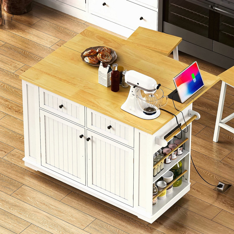 48 Inch Large Kitchen Island With Drop Leaf,Power Outlet,Internal Storage Rack,Rolling Kitchen Storage Cart On 5 Wheels With 5 Open Side Racks For Kitchen,Dining Room