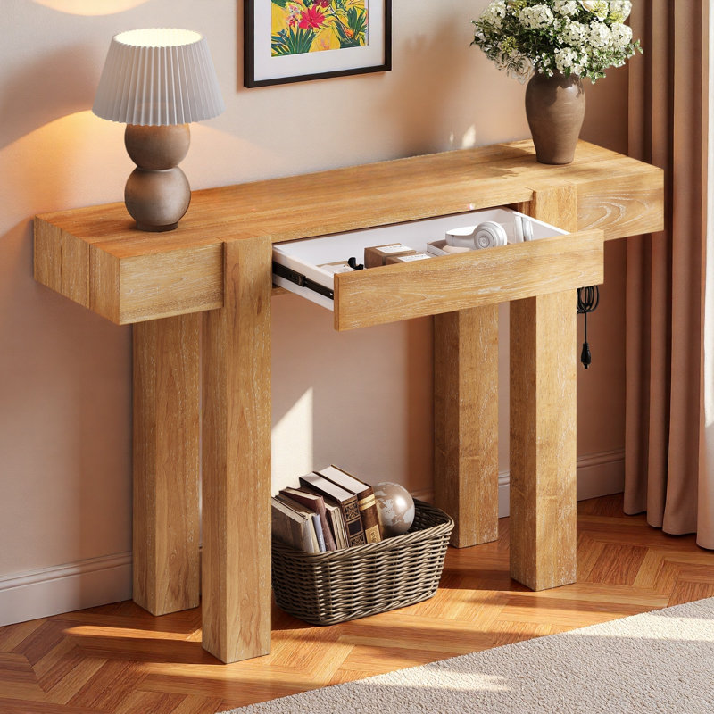 Console minimaliste avec tiroir caché et prise de courant latérale, Naturel