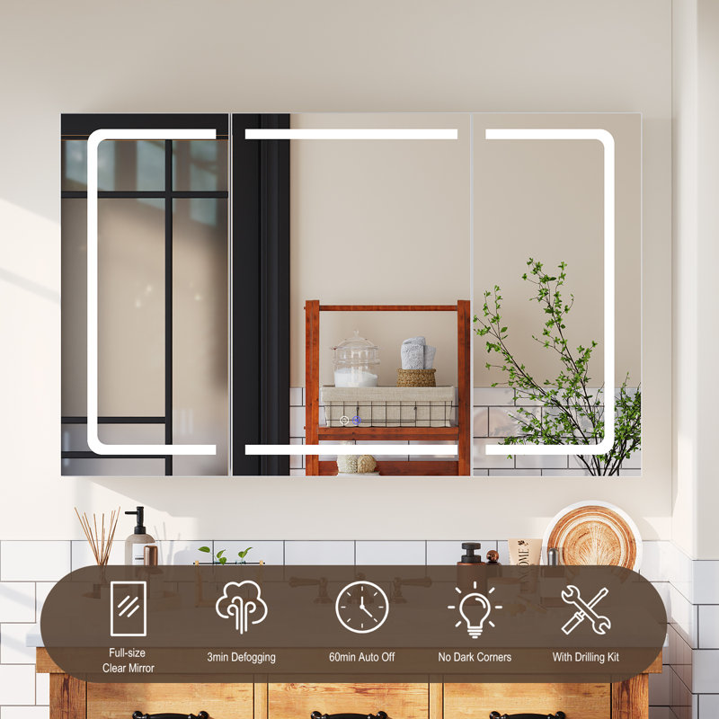 LED Bathroom Mirror Cabinet with Charging, Defogging, Storage Cupboard, Adjustable Shelves