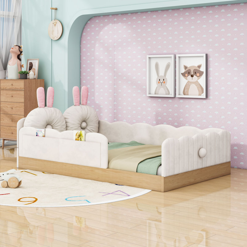 Upholstered Platform Bed With Animal Pillows And Storage Bags, Beige