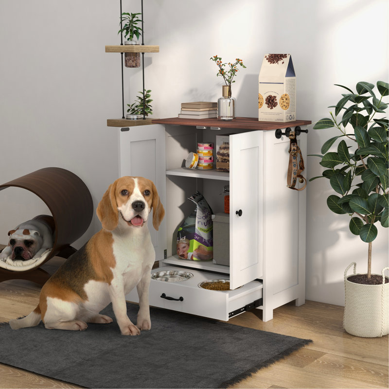 Dog Feeding Spot With Hidden Ware, Adjustable Panel, Hooks For Medium Dogs, White Medium Station Crockery, Hooks, Look
