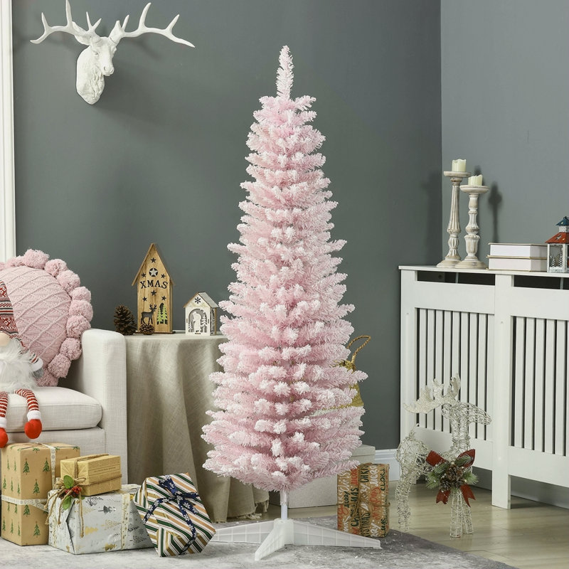 Arbre de Noël artificiel enneigé 5 pi, arbre de Noël mince avec branches réalistes et base en plastique pour décoration d'intérieur, rose