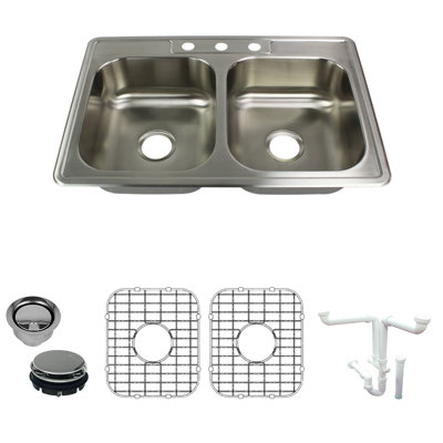 Évier de cuisine à double cuve avec grille d’évier et ensemble de drain à double cuve l 33 po x l 22 po Select