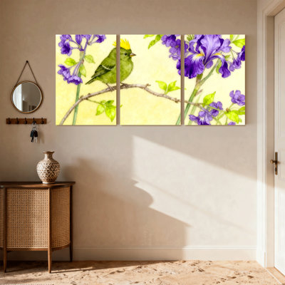 Oiseaux oiseaux verts, fleurs mauves, fond jaune, ensemble de 3 impressions sur toile