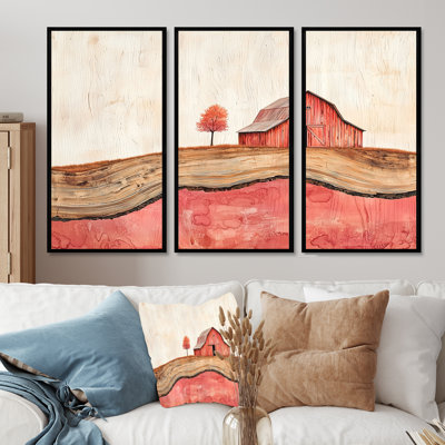 «Autumn Farm On A Wooden Slide Landscape II», art mural encadré de grange - 3 panneaux