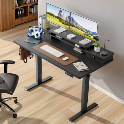 55" Electric Adjustable Standing Desk with Dual-Tier Monitor Shelf, 4 Memory Presets, and 2 Drawers - Black