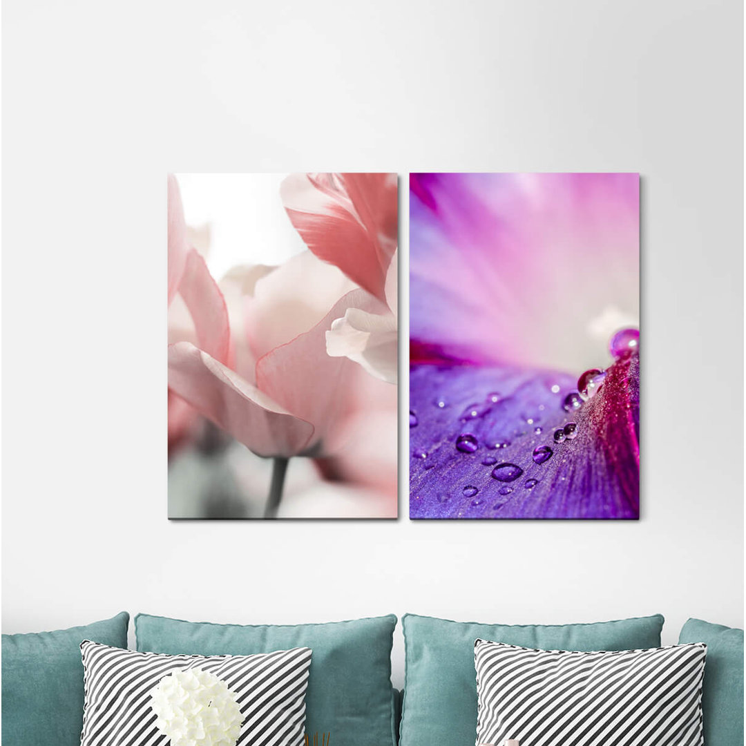 2-tlg. Leinwandbilder-Set - Fotografie „Tulips Flowers Blossoms Raindrops Feminine”