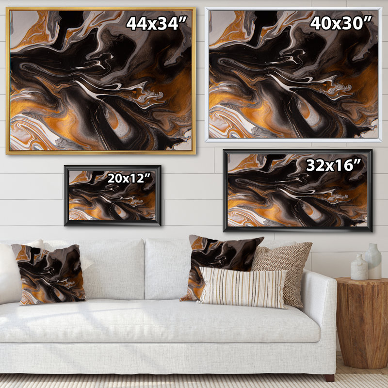 Orange et vagues de marbre noir II - impression sur toile, H 16 po x l 32 po x P 1 po, Cadre flottant noir