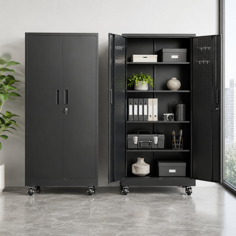 71"H 5-Tier Lockable Rolling Steel Garage Storage Cabinet with Wheels, 4 Adjustable Shelves, Double Pegboard Doors & 8 Hooks, Black
