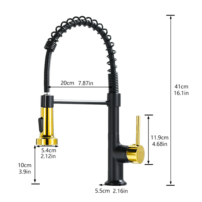 Robinet de cuisine chic noir et doré avec poignée rétractable, poignée simple, fabrication en acier inoxydable, fonction de gestion facile du débit de la température, surface de sortie en nickel intégrée, installation de bricolage