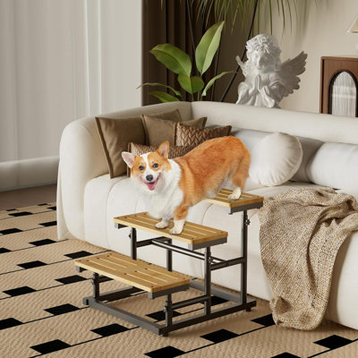 Escalier réglable à 3 niveaux en bambou pour les petits chats de taille moyenne à monter sur un lit haut et un canapé, marches en bambou antidérapantes pour canapé, chaise, VUS de voiture, escalier pour chiot à hauteur déformable, charge jusqu'à