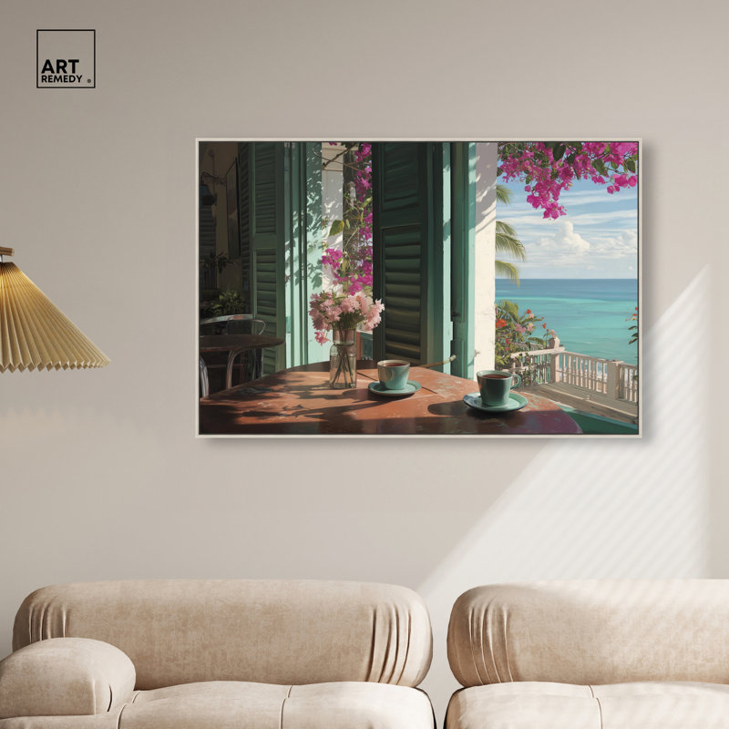 «Morning Coffee Ocean View», impression sur toile encadrée par Art Remedy, cadre argenté, 45 x 30, 31"H x 46"W, Silver Frame