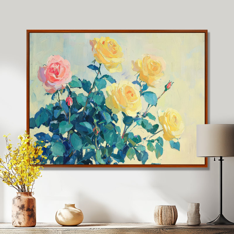 Imela Yellow Sunlit Roses In The Wild - Roses, art mural, H 30 po x l 40 po, Brun, Impression encadrée flottante