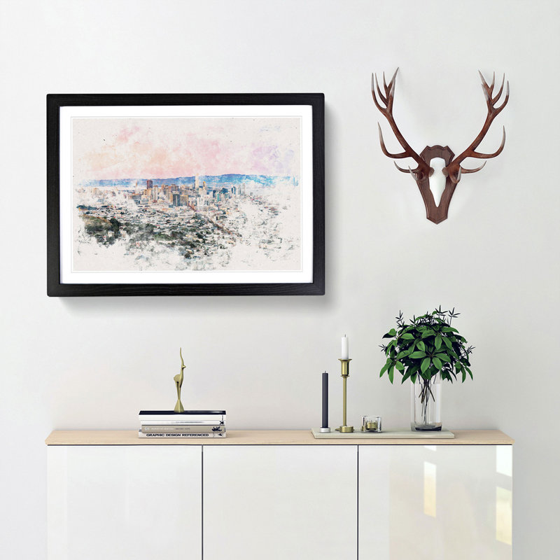 Evening Colours Of San Francisco - Single Picture Frame Painting on MDF, 36cm H x 48cm W x 2cm D, Black Framed