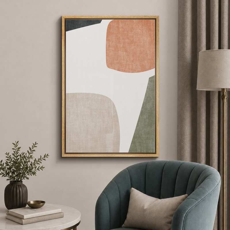Mid Century Shape "Muted Abstract Color Blocks Artwork, Vibrant Simple Neutral Modern Wall Pictures, Framed Canvas Giclee Print Wall Art"