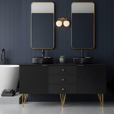 Meuble-lavabo 60 po avec 2 lavabos ronds transparents en verre noir