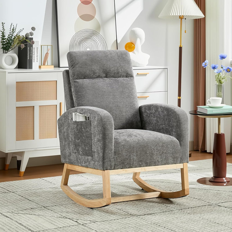 Chaise berçante, fauteuil oscillant moderne, fauteuil inclinable avec pieds en bois et poche latérale