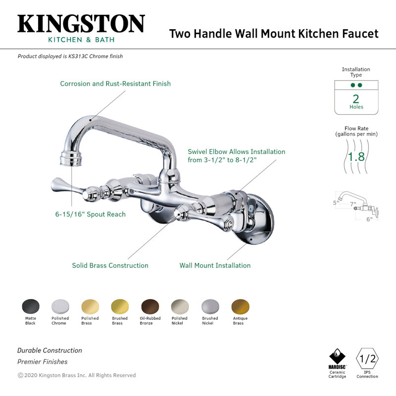 Kingston Brass Kingston Double-Handle 2-Hole Wall-Mount Bridge Kitchen Faucet, Polished Nickel
