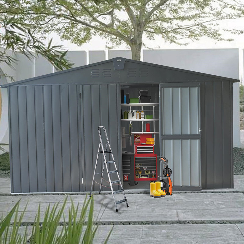 Storage Shed 11' X 12.5' With Galvanized Steel Frame & Windows,Garden Shed Metal Utility Tool Storage Room, Dark Gray