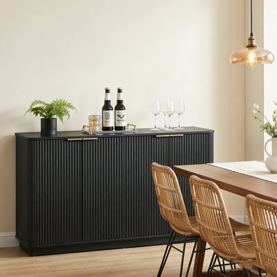 Modern 4-Door Fluted Storage Cabinet, Wood Accent Sideboard With Gold Handles, Freestanding Console Table