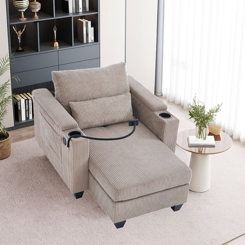 Chaise longue convertible en velours côtelé avec port USB, porte-gobelets et accoudoirs de rangement, avec dossier mobile et support pour téléphone